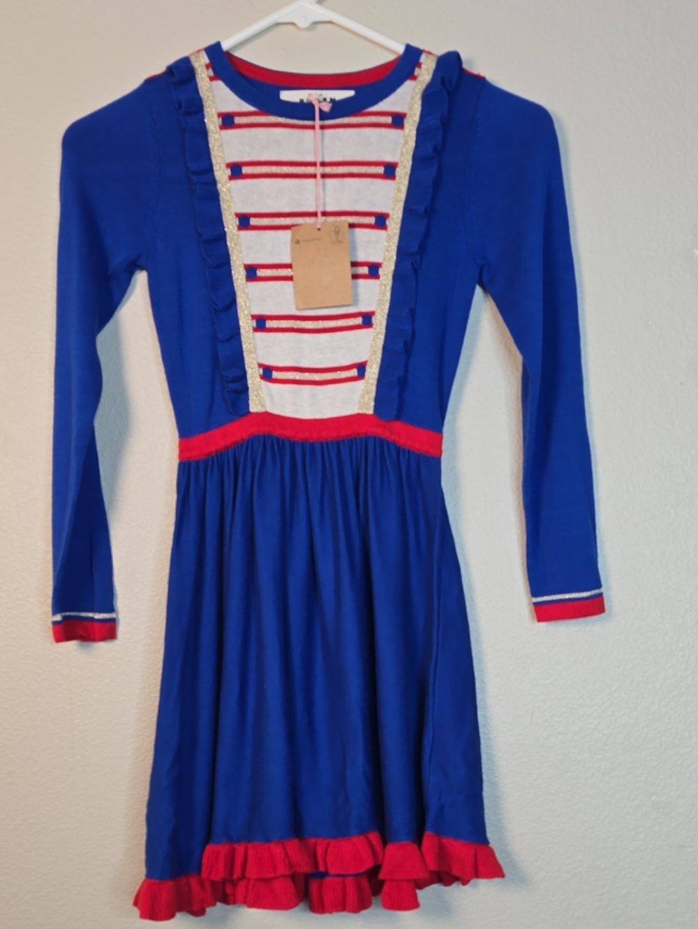 Mini Boden Nutcrcaker Blue Dress with Red Trim and Gold Accents Size 7- 8 Nwt